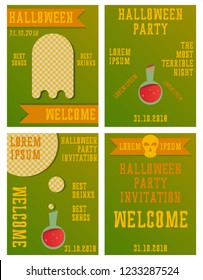 Set of Halloween Concepts. Vector Illustration. Pumpkin and Spider Web, Witch Hat and Cauldron, Skull and Bones, Night Party. Trick or Treat.