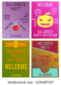 Set of Halloween Concepts. Vector Illustration. Pumpkin and Spider Web, Witch Hat and Cauldron, Skull and Bones, Night Party. Trick or Treat.