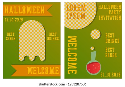 Set of Halloween Concepts. Vector Illustration. Pumpkin and Spider Web, Witch Hat and Cauldron, Skull and Bones, Night Party. Trick or Treat.