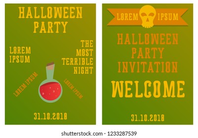 Set of Halloween Concepts. Vector Illustration. Pumpkin and Spider Web, Witch Hat and Cauldron, Skull and Bones, Night Party. Trick or Treat.