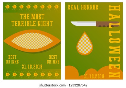 Set of Halloween Concepts. Vector Illustration. Pumpkin and Spider Web, Witch Hat and Cauldron, Skull and Bones, Night Party. Trick or Treat.