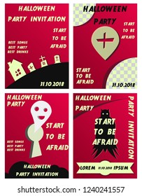 Set of Halloween Concepts. Vector Illustration. Pumpkin and Spider Web, Witch Hat and Cauldron, Skull and Bones, Night Party. Trick or Treat.