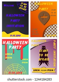 Set of Halloween Concepts. Vector Illustration. Pumpkin and Spider Web, Witch Hat and Cauldron, Skull and Bones, Night Party. Trick or Treat.