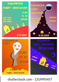 Set of Halloween Concepts. Vector Illustration. Pumpkin and Spider Web, Witch Hat and Cauldron, Skull and Bones, Night Party. Trick or Treat.