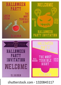Set of Halloween Concepts. Vector Illustration. Pumpkin and Spider Web, Witch Hat and Cauldron, Skull and Bones, Night Party. Trick or Treat.