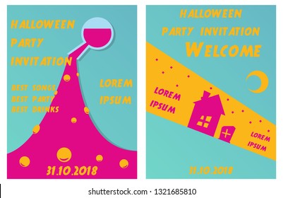 Set of Halloween Concepts. Vector Illustration. Pumpkin and Spider Web, Witch Hat and Cauldron, Skull and Bones, Night Party. Trick or Treat.