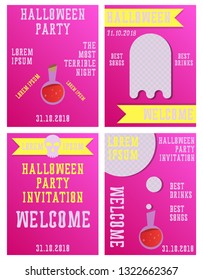 Set of Halloween Concepts. Vector Illustration. Pumpkin and Spider Web, Witch Hat and Cauldron, Skull and Bones, Night Party. Trick or Treat.