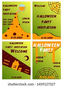 Set of Halloween Concepts. Vector Illustration. Pumpkin and Spider Web, Witch Hat and Cauldron, Skull and Bones, Night Party. Trick or Treat.