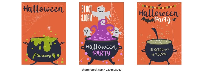 Set of Halloween Concepts. Vector Illustration. Spider Web, Witch Cauldron, bat and ghost, Night Party. Trick or Treat. Party invitation design and poster designs with halloween symbols 