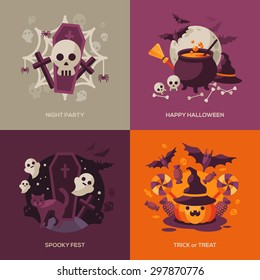 Set of Halloween Concepts. Vector Illustration. Orange Pumpkin and Spider Web, Witch Hat and Cauldron, Skull and Bones, Night Party. Trick or Treat.