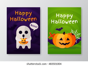 Set of Halloween Concepts. Vector Illustration. Orange Pumpkin and Spider Web, Bringing, Skull and Bones. Halloween Night Party. Trick or Treat.
