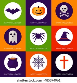 Set of Halloween Concepts. Vector illustration. Cat, bat, candy, spider, ghost, pumpkin, witch hat, skull, cross. Halloween Night Party. Trick or Treat.