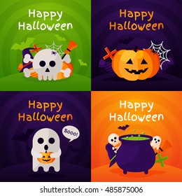 Set of Halloween Concepts. Vector Illustration. Orange Pumpkin and Spider Web, Witch Hat and Cauldron, Skull and Bones. Halloween Night Party. Trick or Treat.