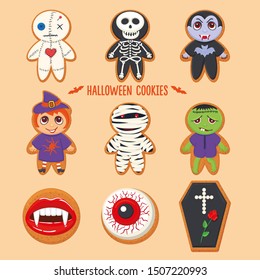 SET OF HALLOWEEN COOKIES DESIGNED AS CHARACTERS: ZOMBIE, VAMPIRE, SKELETON, MUMMY, RIP