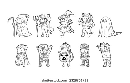 Set of halloween costume character hand drawn outline sketch illustration