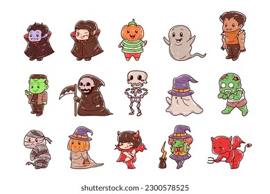 Set of Halloween costume character hand-drawn illustration