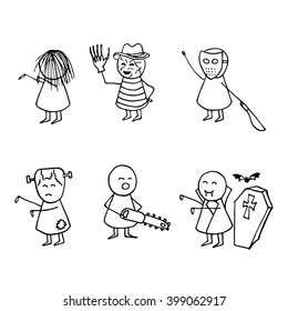 Set of  halloween costume characters. Horror set. Doodle vector icons.