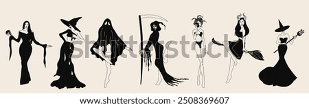 Set of Halloween costume concepts. Witch. Cute ladies in retro style