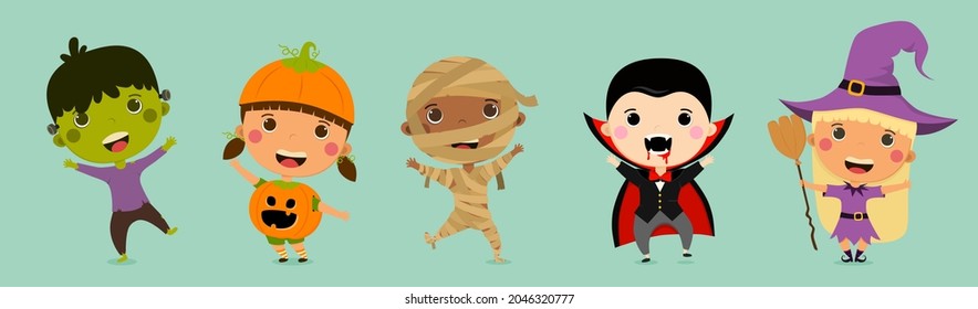 Set of Halloween Costume kids for trick or treat festival. Children dress up for Halloween Day . Vector Illustration elements for advertisement , card , banner or poster . 