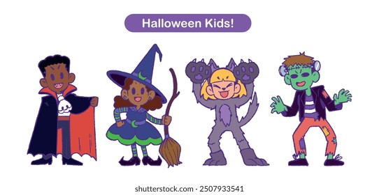 Conjunto de disfraces de Halloween para niños! Clipart vectoriales, aislados y redimensionables. ¡Un vampiro, una bruja, un hombre lobo y la criatura de Frankenstein! ¡Listo para la noche más espeluznante!