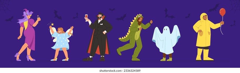 Set of Halloween costumes. Men and women in form of vampire, dinosaur and witch. Traditional feastival of fear and horror. Cartoon flat vector collection isolated on blue background