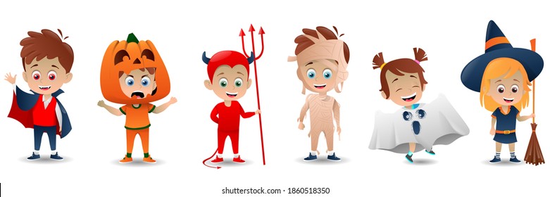 Set of Halloween costumes. Scary characters costume collection. Boys and girls in scary monsters costumes cartoon illustrations. Vector illustration