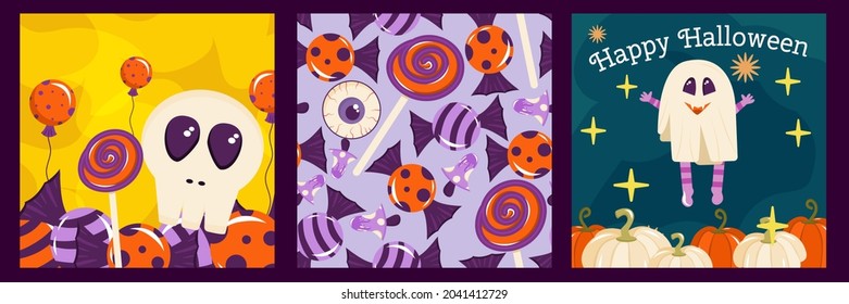 Set of Halloween cover posters with a ghost, pumpkins and skull. Cute illustrations with characters and pattern. Vector illustration in cartoon style.