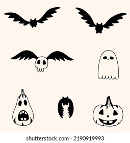 Set of halloween creatures doodle isolated. Hand drawn bats, pumpkins, ghost, skull. Spooky vector illustration