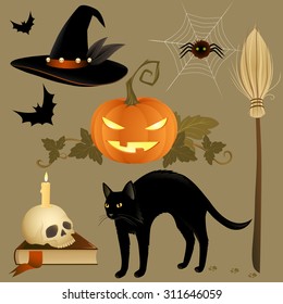 Set of Halloween creatures and objects. Vector illustration.