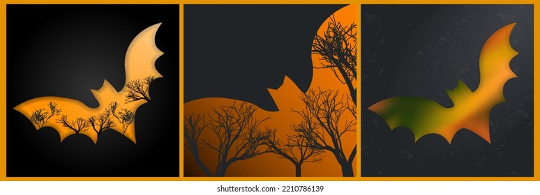 Set of Halloween and Creepy Bat Frame card templates with dark tree silhouettes on orange gradient backgrounds. Editable Vector Illustration. Perfect for card, posters, banner, invitations, signs. 