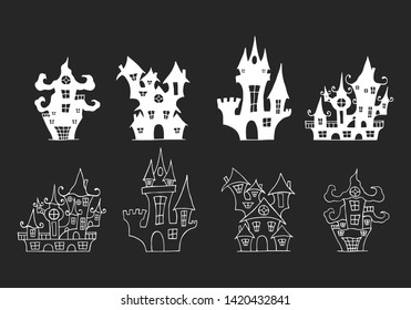 Set of Halloween creepy castles. Haunted ghost houses. October night horror party decoration.