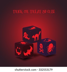 A set of Halloween cube dice with Halloween icons ; bat, spider, cat, ghost,j ack-o-lantern, skeleton,and skull.