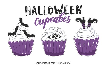 Set of Halloween cupcakes. Collection of clipart. Cute and funny dessert for Halloween. Isolated on white background