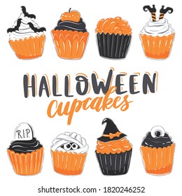 Set of Halloween cupcakes. Collection of clipart. Cute and funny dessert  for Halloween. Isolated on white background