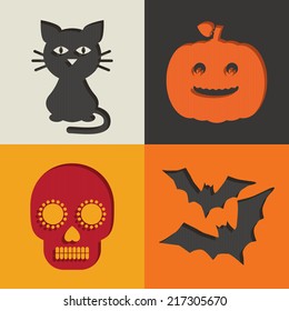 set of halloween cut out decorations, with cat, pumpkin, skull and bats