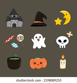 Set of Halloween cute cartoon character. Castle, ghost, skull, pumpkin, candy and more. Vector illustration