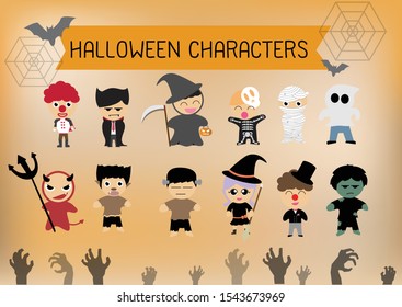 set of halloween cute characters design ; Vector Illustration
