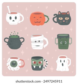 Set von Halloween süße Kaffeebecher und Tassen Illustrationen und Dekoration