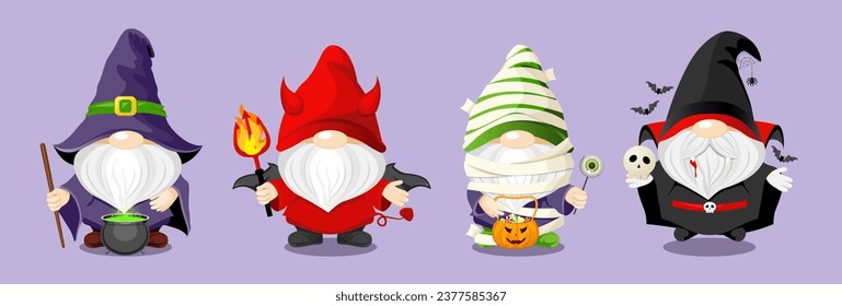 Set of Halloween cute colorful gnomes characters