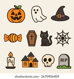 Conjunto de elemento lindo de Halloween. Icono de dibujos animados, fantasma, calabaza. Elementos aislados. Vector ordenado ilustración