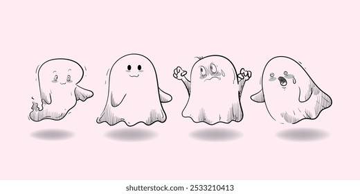 Conjunto de fantasmas lindos de Halloween Ilustración vectorial de icono de personaje de dibujos animados.