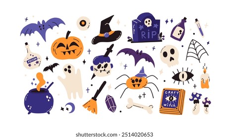 Conjunto de icono lindo de Halloween aislado sobre fondo blanco. Felices Elementos de vacaciones espeluznantes - calabaza, fantasma, murciélago. Colección gráfica de miedo de otoño. Vector plano dibujado a mano ilustración