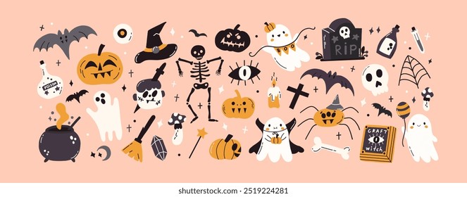 Set of Halloween cute icon isolated on white background. Happy spooky holiday elements - pumpkin, ghost, bat. Autumn scary graphic collection. Vector flat hand drawn illustration