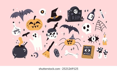 Conjunto de icono lindo de Halloween aislado sobre fondo blanco. Felices Elementos de vacaciones espeluznantes - calabaza, fantasma, murciélago. Colección gráfica de miedo de otoño. Vector plano dibujado a mano ilustración