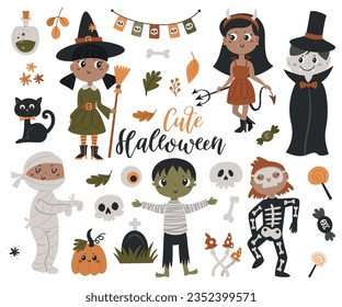 Set of halloween cute kids in costumes and other elements. Vector illustration for design of planners, notebooks and more