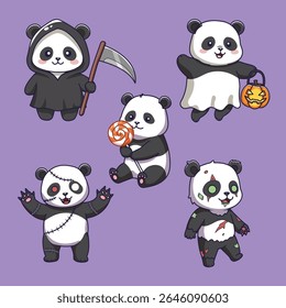 set Halloween cute Panda Costume Cartoon Characters. vector illustration
