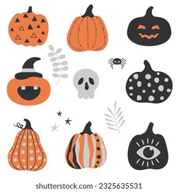 Set of halloween cute pumpkins. Autumn background. Vector illustration with autumn leaves and pumpkin, scull