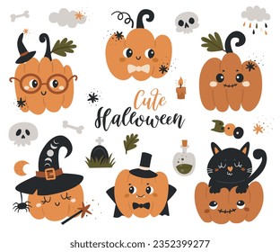 Set of Halloween cute pumpkins and other elements. Vector illustration for design of planners, notebooks and more