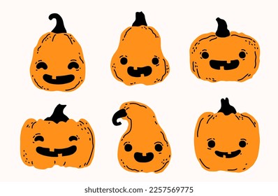 Set of halloween cute pumpkins with smiley faces. Flat vector illustration.