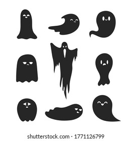 Set of Halloween cute and scary ghost silhouettes. Haunted house phantoms. Cartoon boos. October night party decoration.